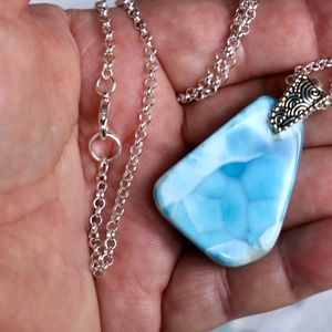 Larimar Pendant Necklace with 20" Sterling Silver Polo Chain, Large Larimar